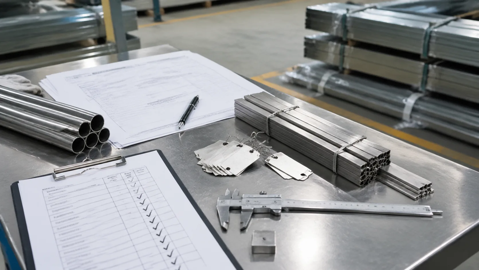 Stainless steel MTC acceptance checklist with heat number tags and inspection tools