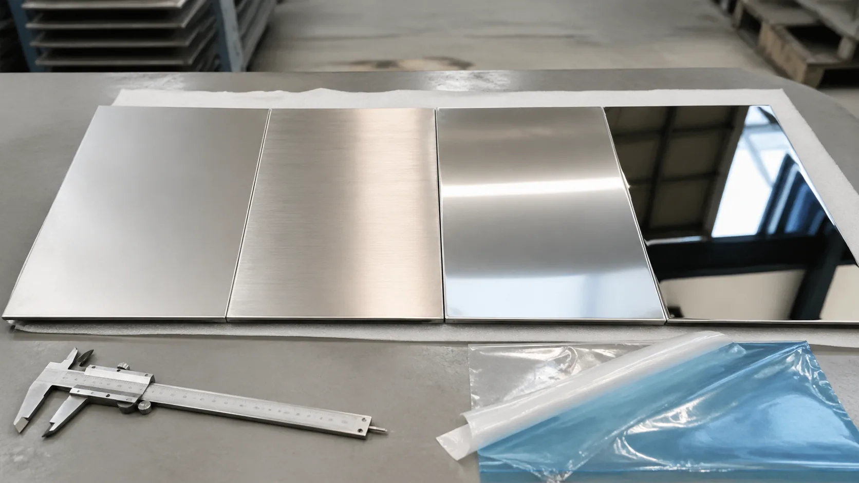 Side-by-side stainless steel finish samples for buyer selection