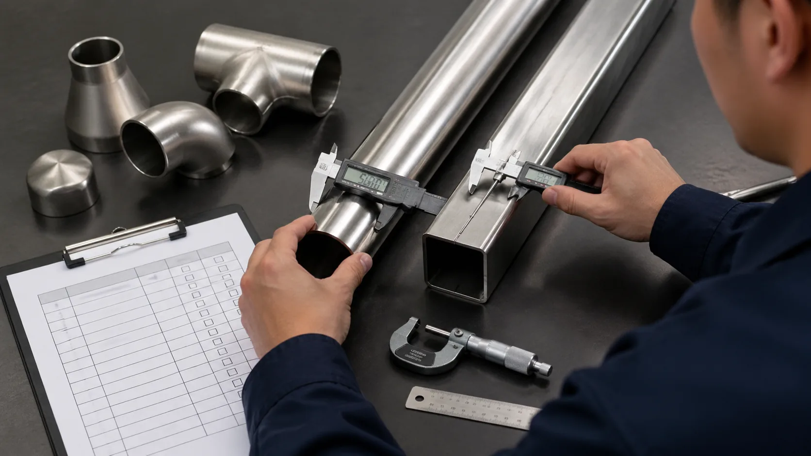 Inspection setup comparing stainless steel pipe sizing and tube dimensions