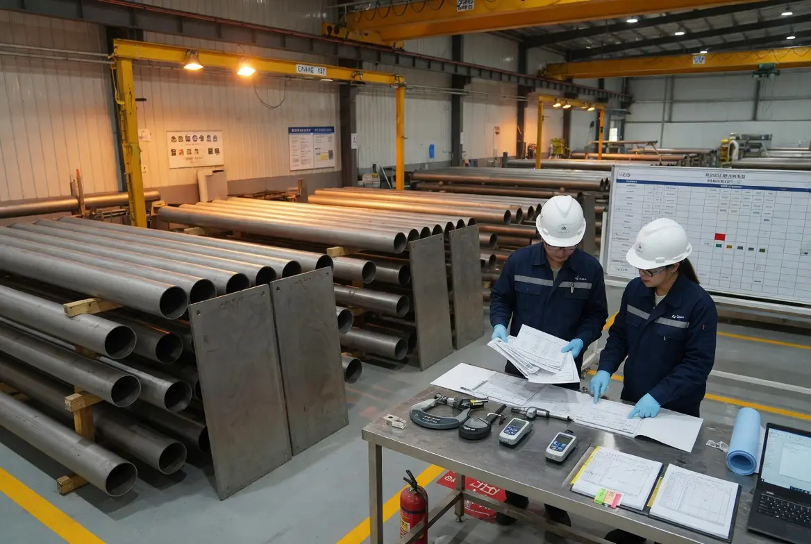 Nickel alloy quality inspection in a Chinese manufacturing facility with mill test report verification