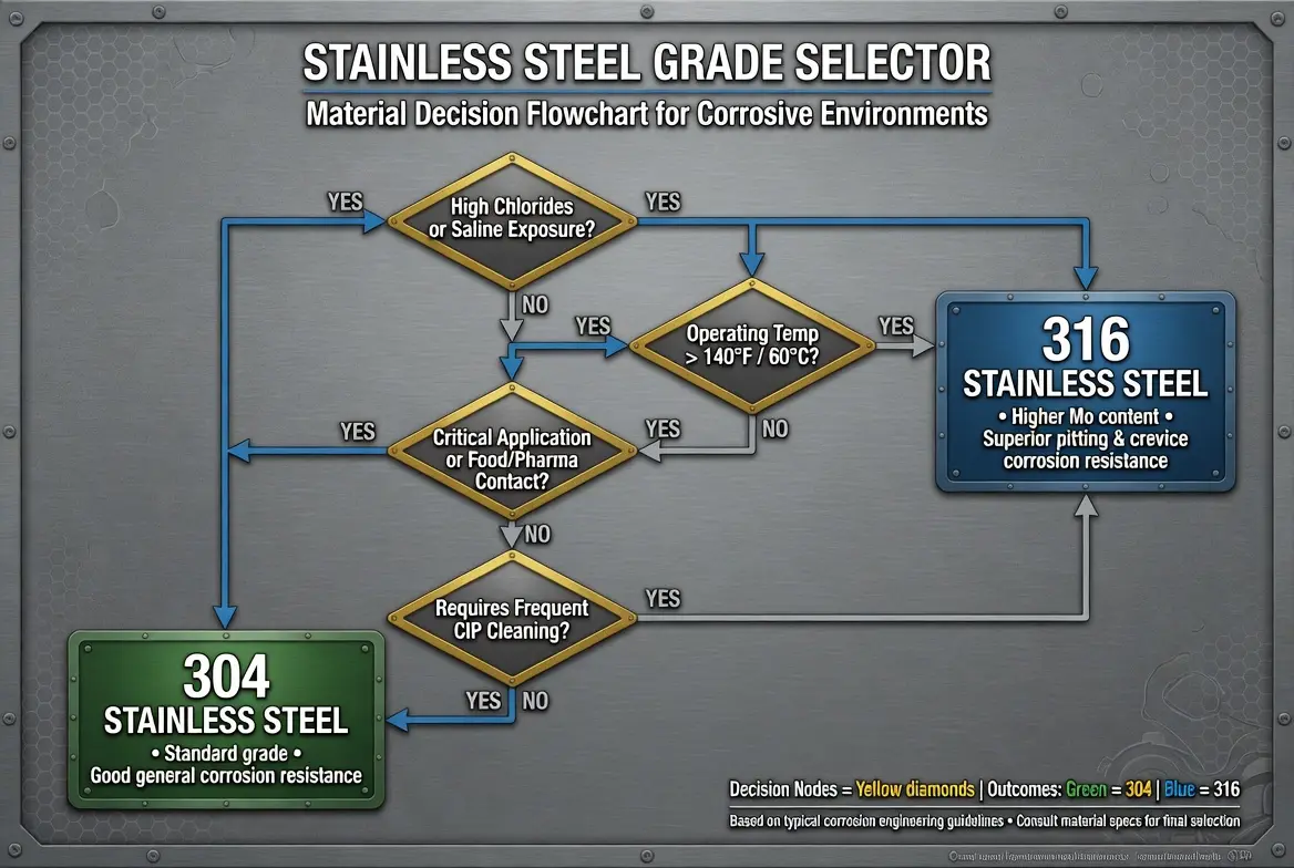 Decision flowchart for choosing between 304 and 316 stainless steel based on chloride exposure, temperature, and application criticality