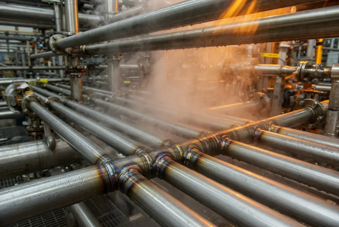 Industrial heat exchanger tubes made of 316 stainless steel operating at high temperature in a chemical processing plant