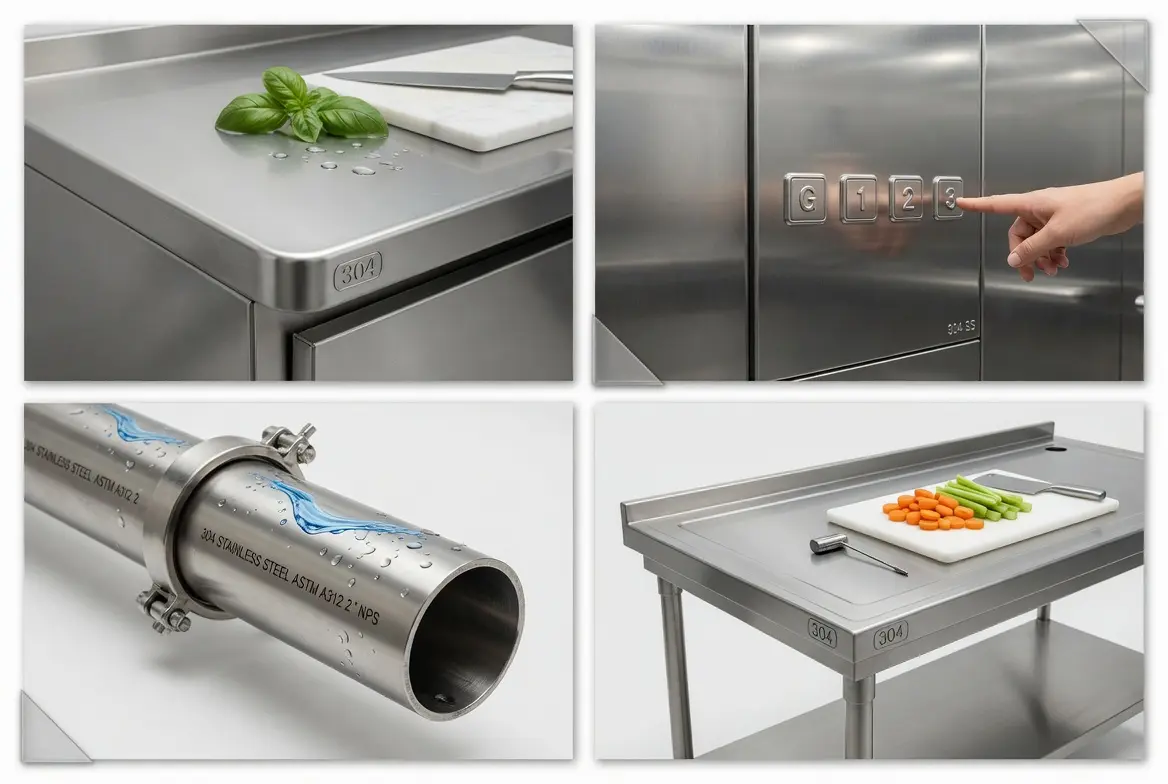 Common applications for 304 stainless steel including kitchen equipment architectural panels and indoor piping