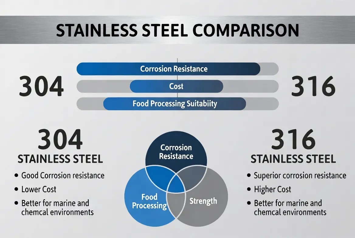 quick comparison table of 304 and 316 stainless steel for food equipment