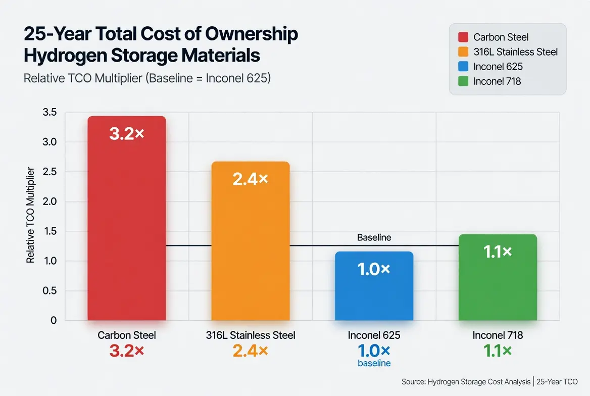 25-year total cost of ownership comparison: carbon steel costs 3.2x more than nickel alloys in hydrogen storage