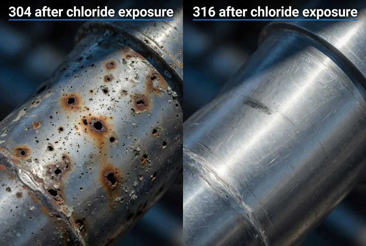 Comparison of pitting corrosion damage on 304 stainless steel versus intact 316 stainless steel surface after chloride exposure