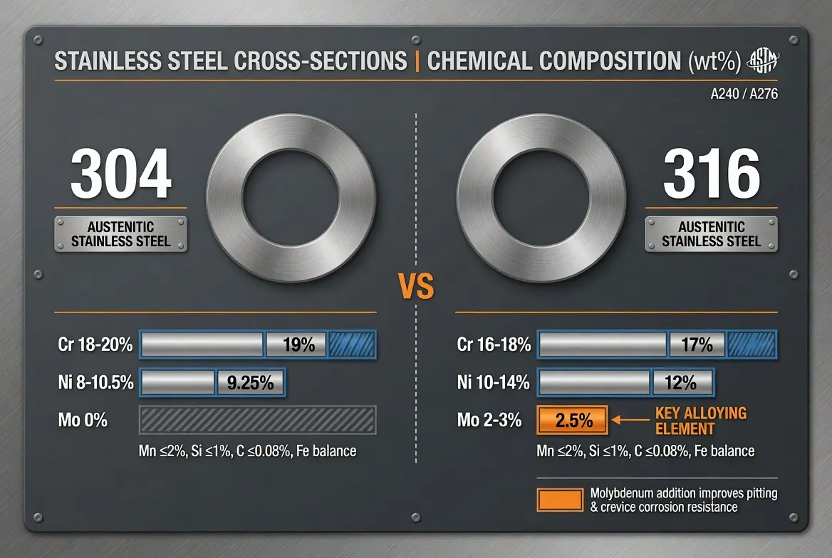 Side by side comparison of 304 and 316 stainless steel chemical composition showing chromium nickel and molybdenum content percentages