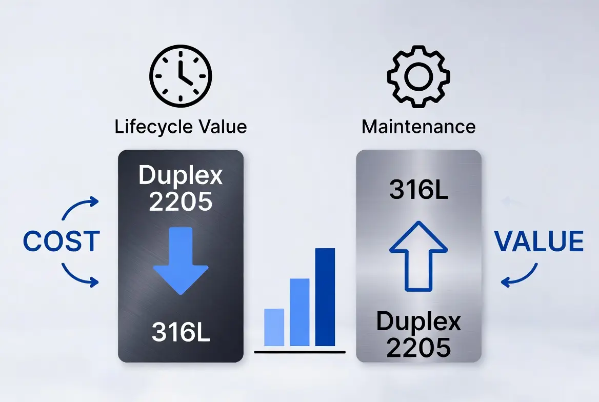 Cost and total value comparison of Duplex 2205 vs 316L stainless steel