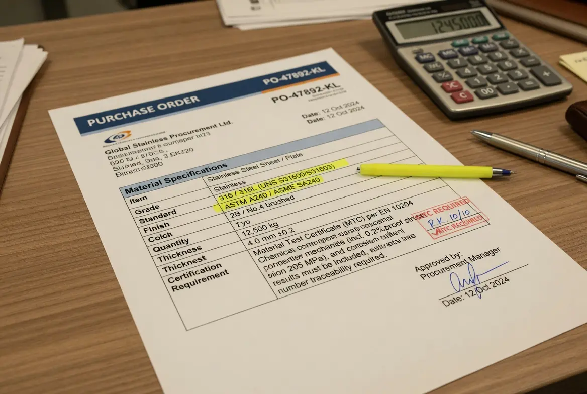 Sample purchase order document showing stainless steel grade specification with ASTM standards and material certification requirements