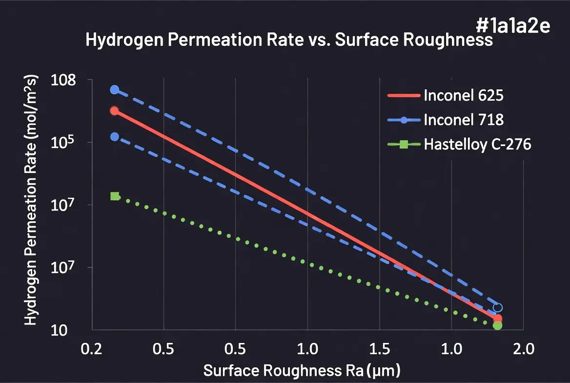 Line chart showing hydrogen permeation rate decreasing as surface roughness decreases for nickel alloys