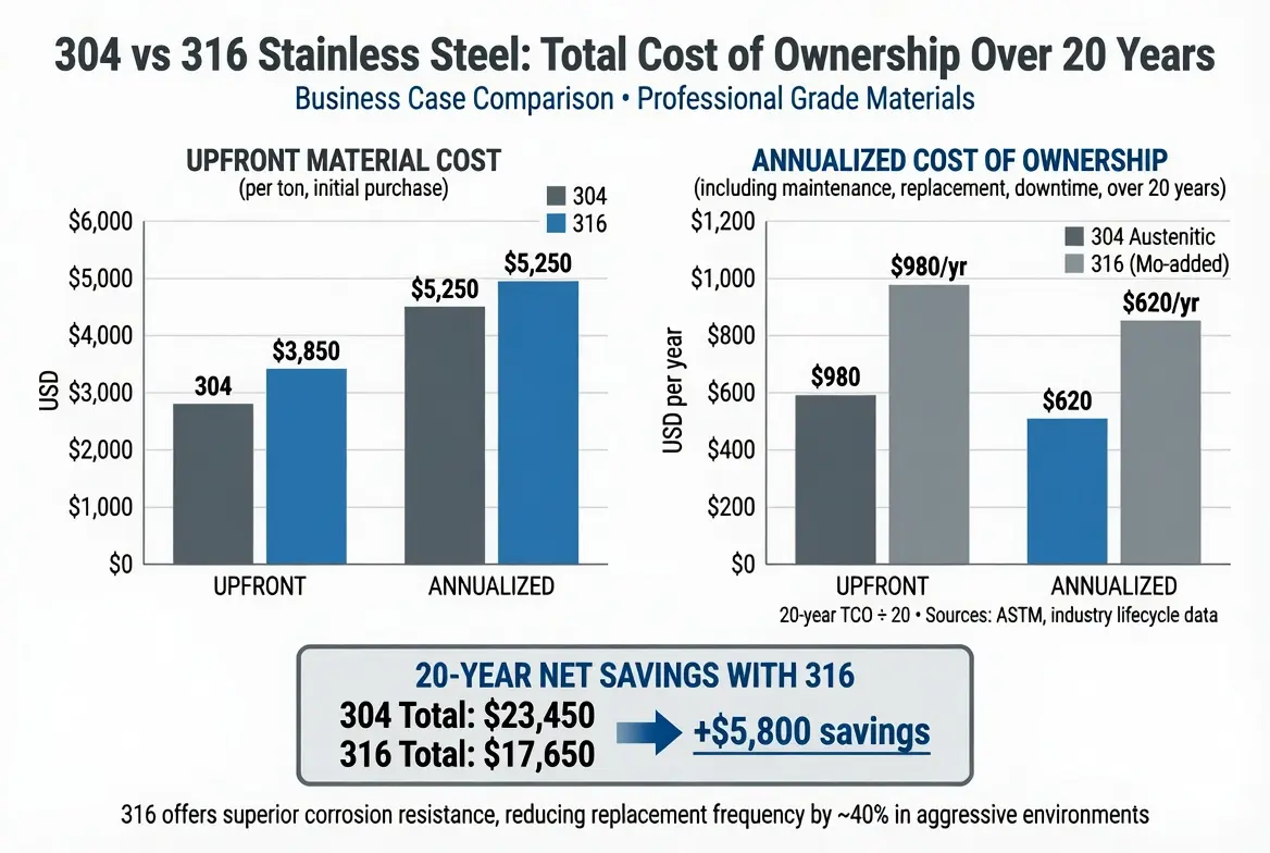 Chart comparing total cost of ownership between 304 and 316 stainless steel piping over 20 year service life