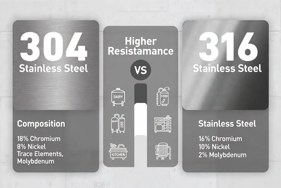 304 vs 316 stainless steel comparison for food processing equipment
