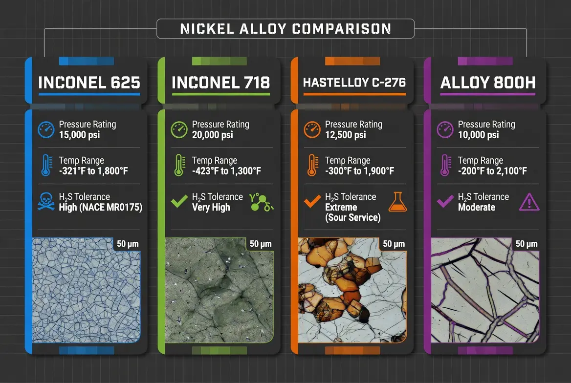 Four nickel alloys comparison: Inconel 625, Inconel 718, Hastelloy C-276, and Alloy 800H specifications
