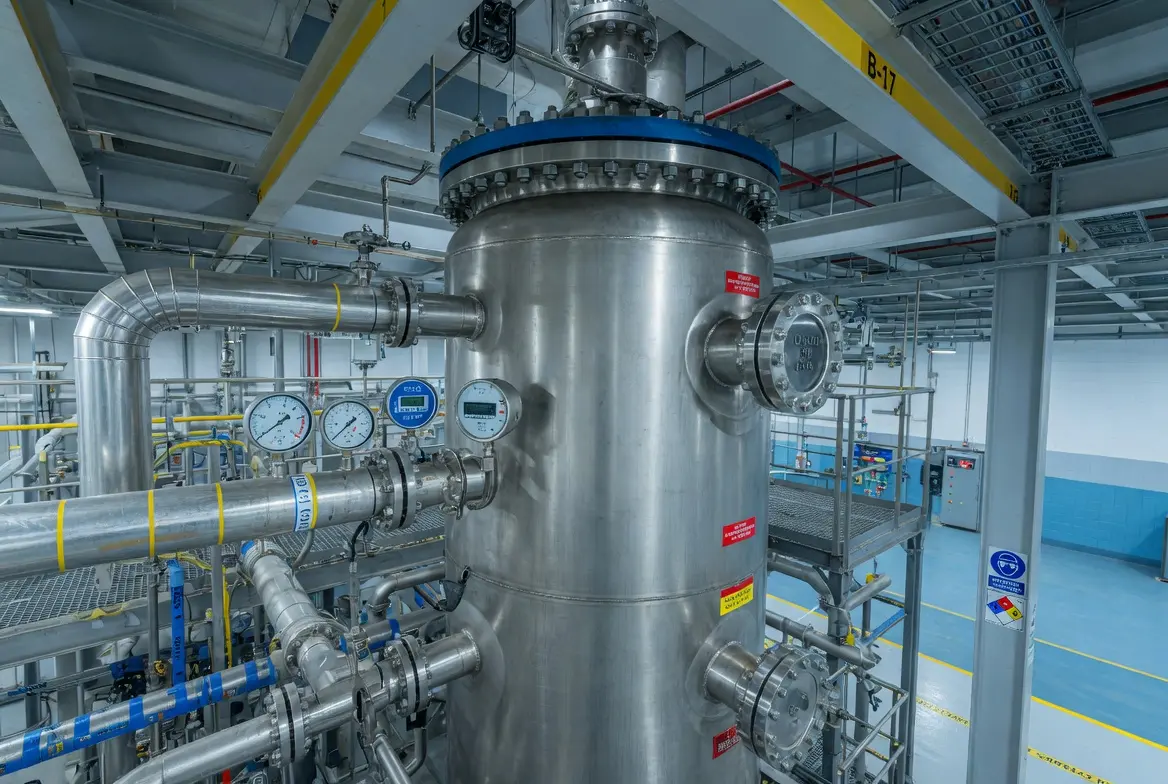 Large stainless steel 316 pressure vessel in an industrial chemical processing facility with piping connections