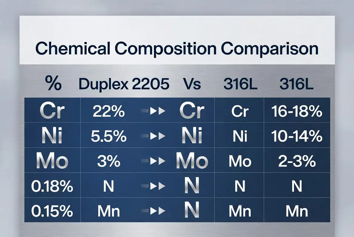 Chemical composition differences between Duplex 2205 and 316L stainless steel