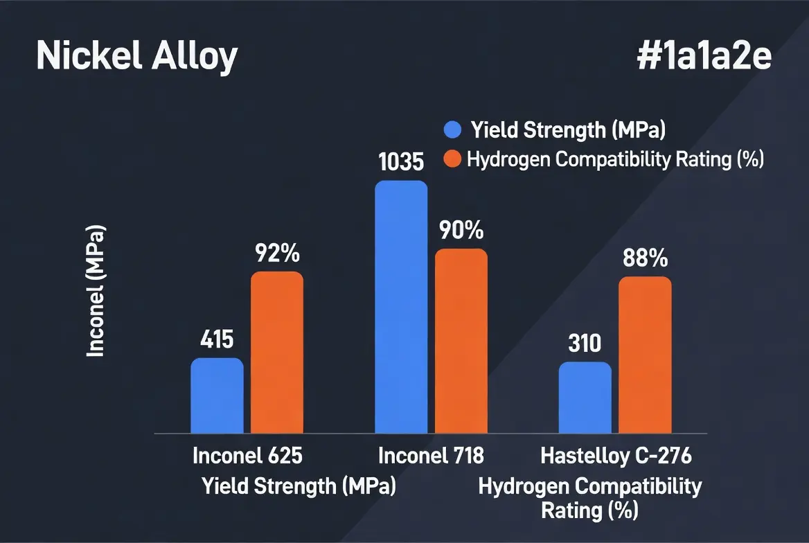 Bar chart comparing yield strength and hydrogen compatibility ratings of Inconel 625, Inconel 718, and Hastelloy C-276