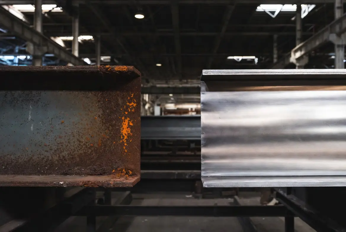 Carbon steel vs stainless steel corrosion comparison showing rusted carbon steel beams alongside clean, corrosion-resistant stainless steel