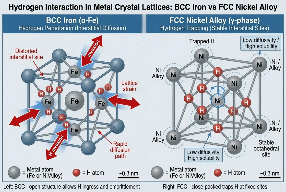 Comparison of hydrogen atom penetration in BCC steel vs FCC nickel alloy crystal structure 