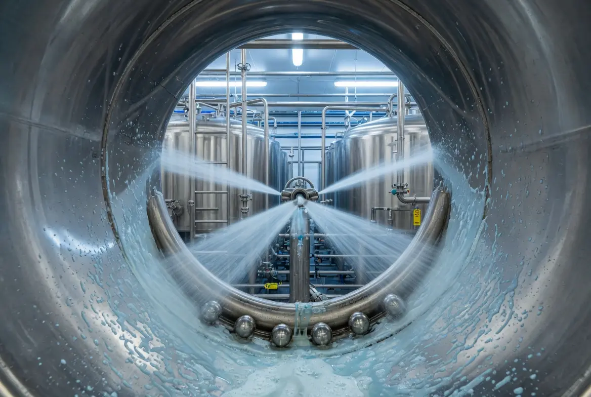 Stainless steel food processing equipment during clean-in-place CIP cycle with cleaning solution spray inside sanitary piping