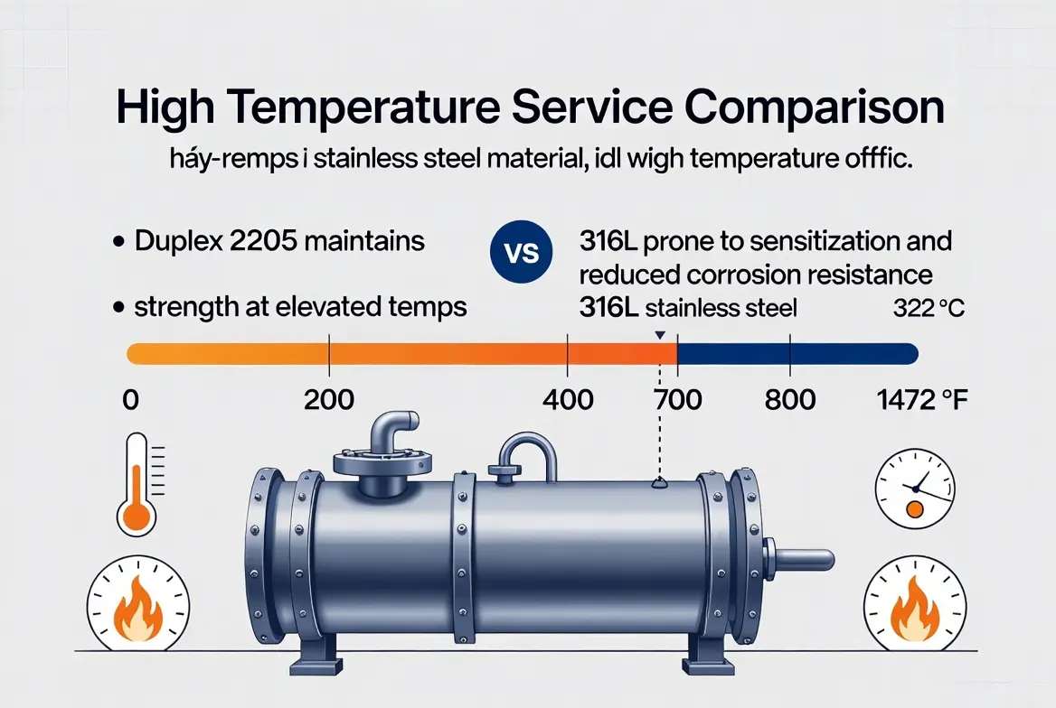 Temperature limits and service conditions for Duplex 2205 and 316L stainless steel
