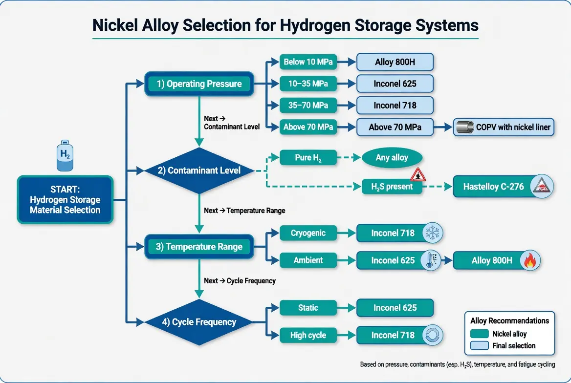 Nickel alloy selection decision tree for hydrogen storage: pressure, contaminants, temperature, and cycle frequency
