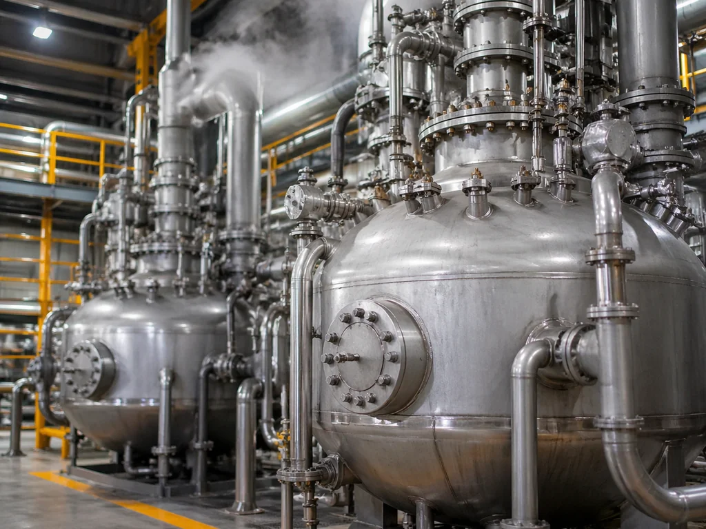 Chemical processing equipment made from corrosion-resistant nickel alloys in an industrial refinery