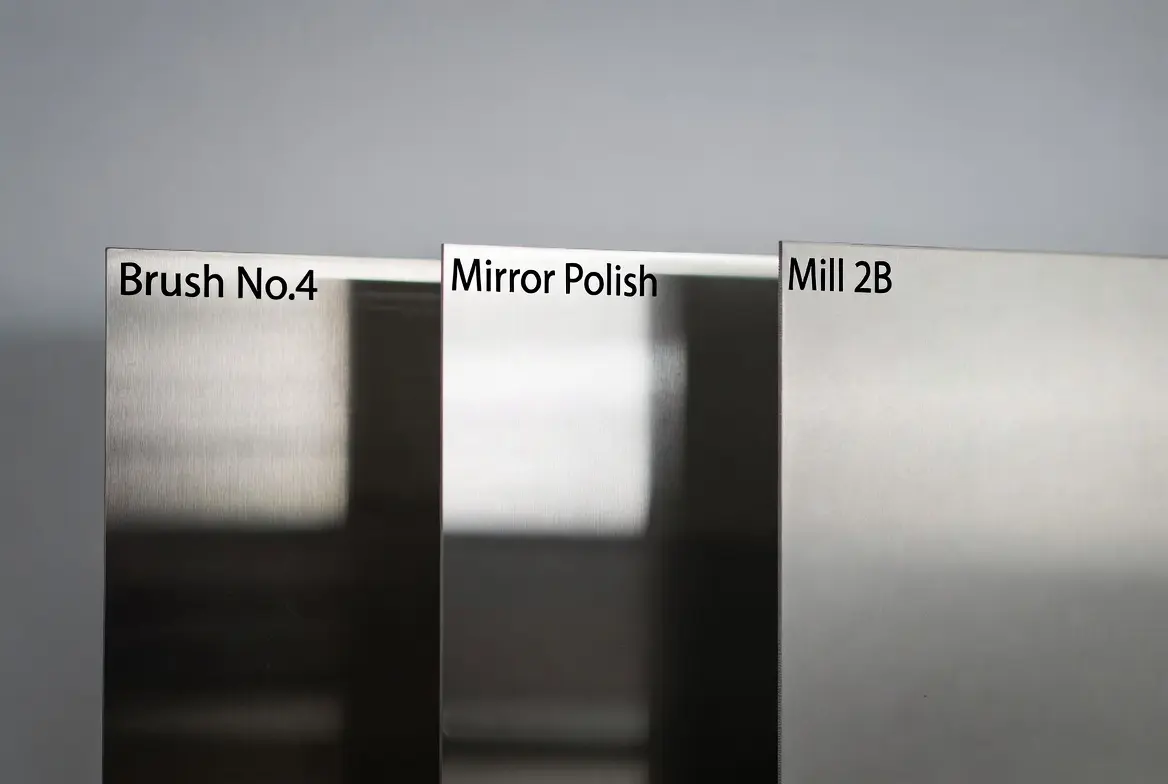 Stainless steel sheet samples showing different surface finishes including brushed, mirror polish, and mill finish textures