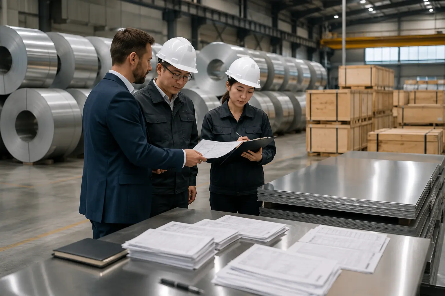 Import buyer evaluating stainless steel suppliers in a warehouse with stainless steel coils, MTC documents, and export-ready packaging