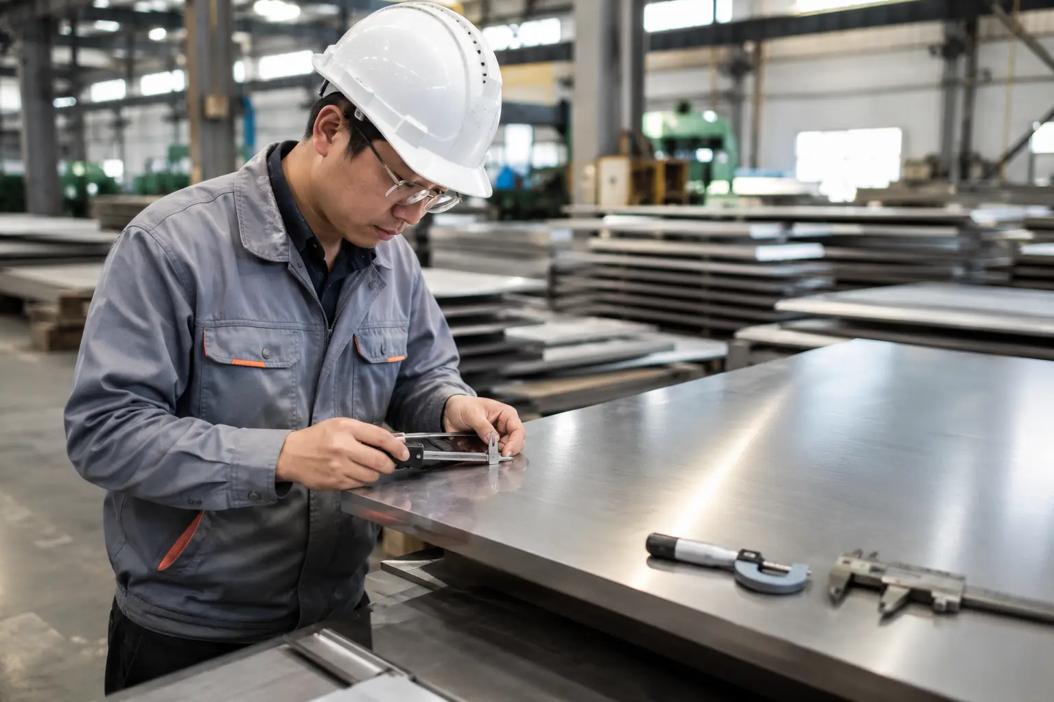 Quality inspector checking stainless steel plate thickness and surface finish during supplier evaluation
