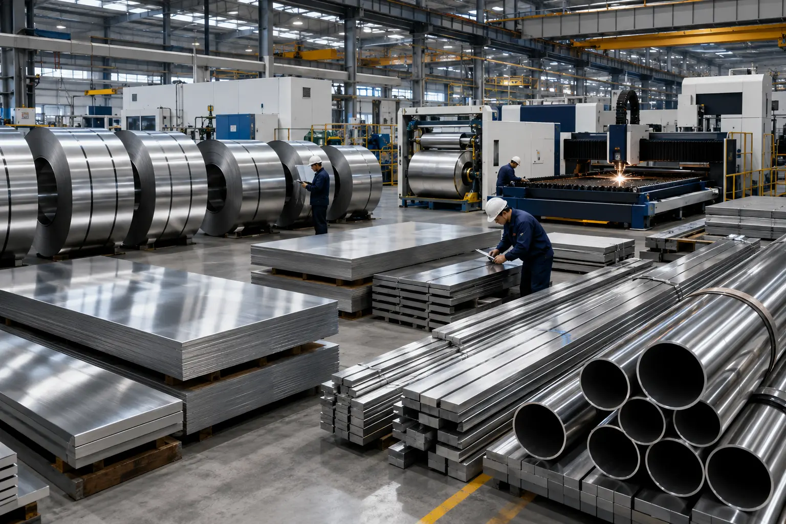 Stainless steel supplier warehouse with product inventory and processing capabilities for coils, sheets, plates, bars, and pipes