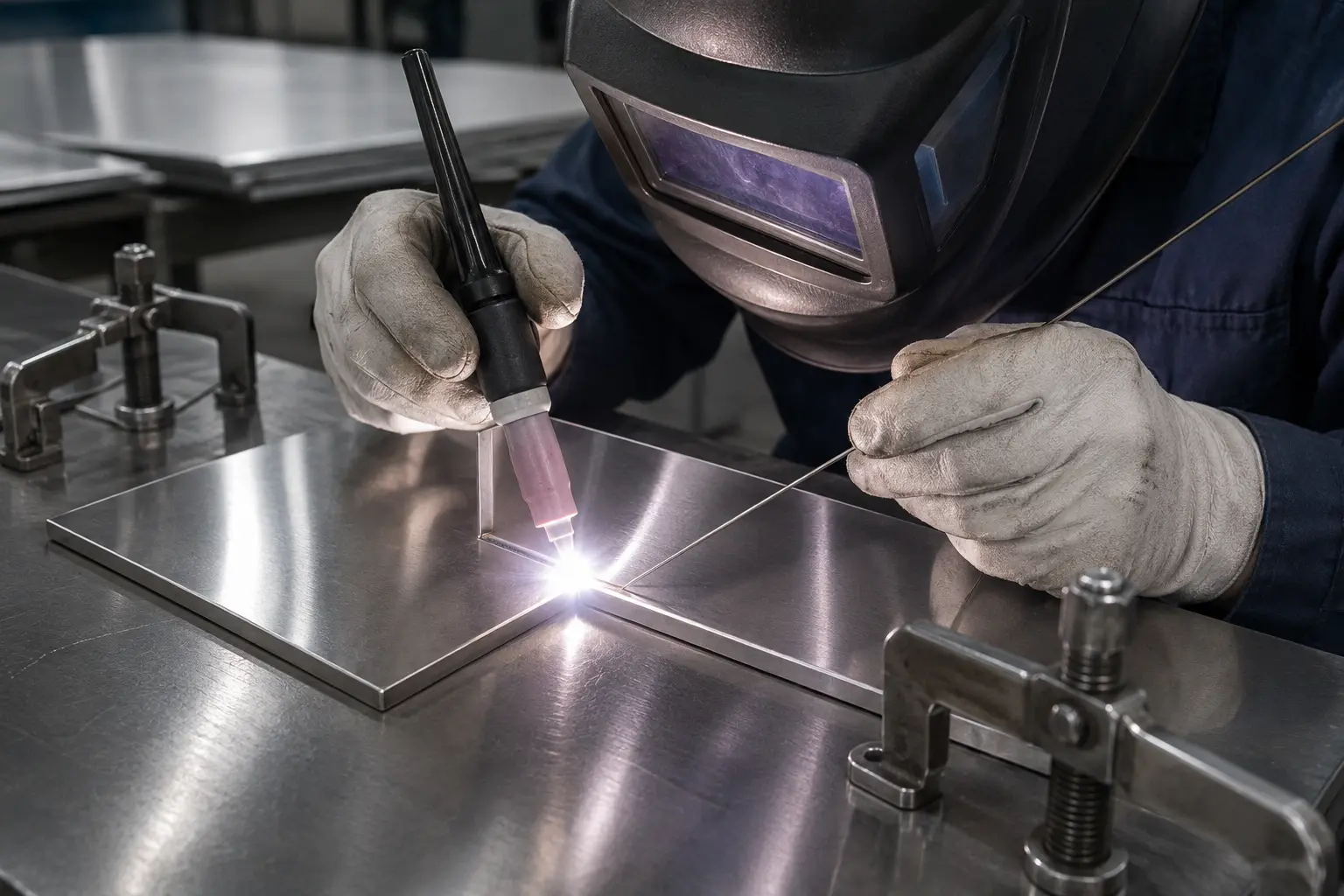 TIG welding stainless steel plates in an industrial workshop